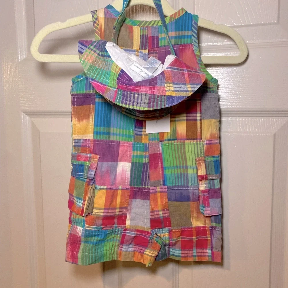 NWT Polo Ralph‎ Lauren Baby Boy Madras Patchwork Romper with Matching Hat Preppy